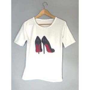 White T Shirt Graphic Print Black Stiletto Red Bottom Heels Shoes Women's Size M